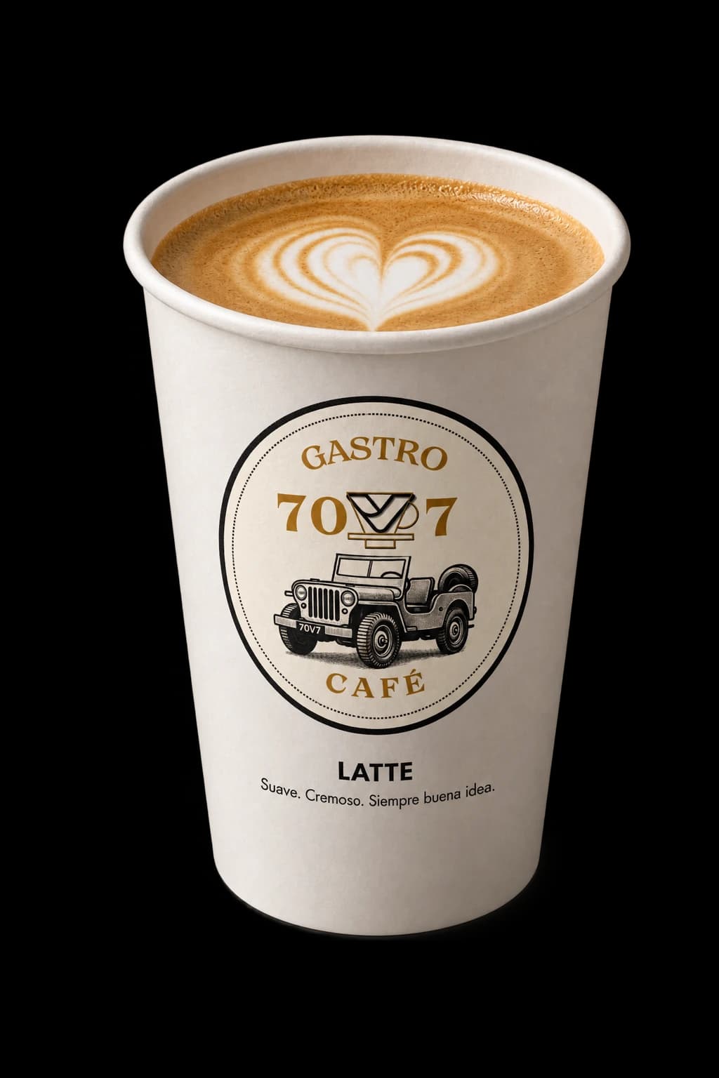 Un latte con un corazón de espuma en vaso de Gastro 70V7