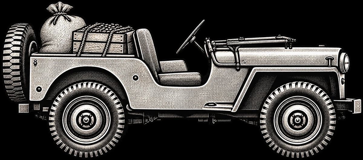 Un Willys visto de lado, cargado con un bulto y una caja de café