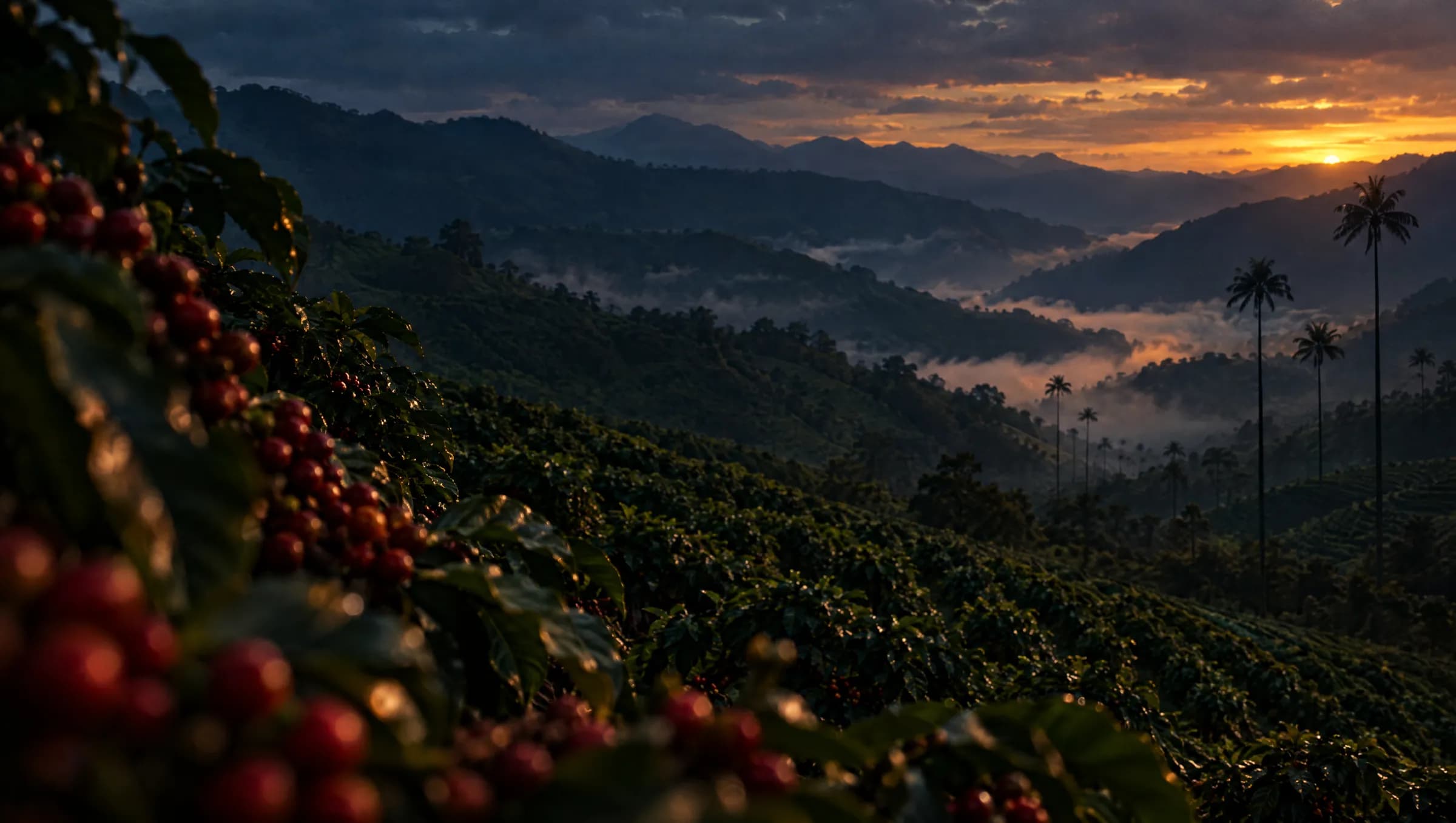 Un cafetal en las montañas de Colombia al atardecer, con cerezas de café maduras